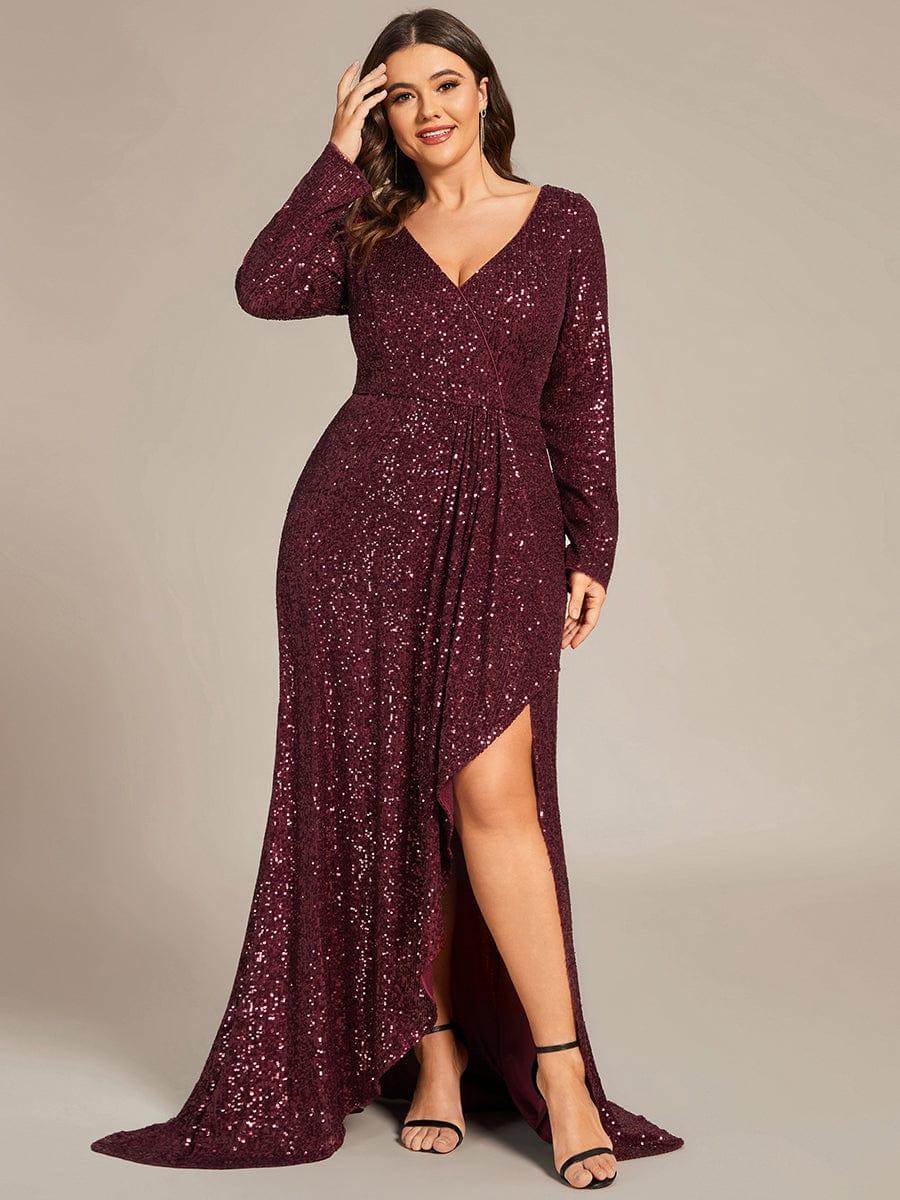 ever SYREN|Long Sleeve V-neck Asymmetrical Hem Sequin Evening Dress