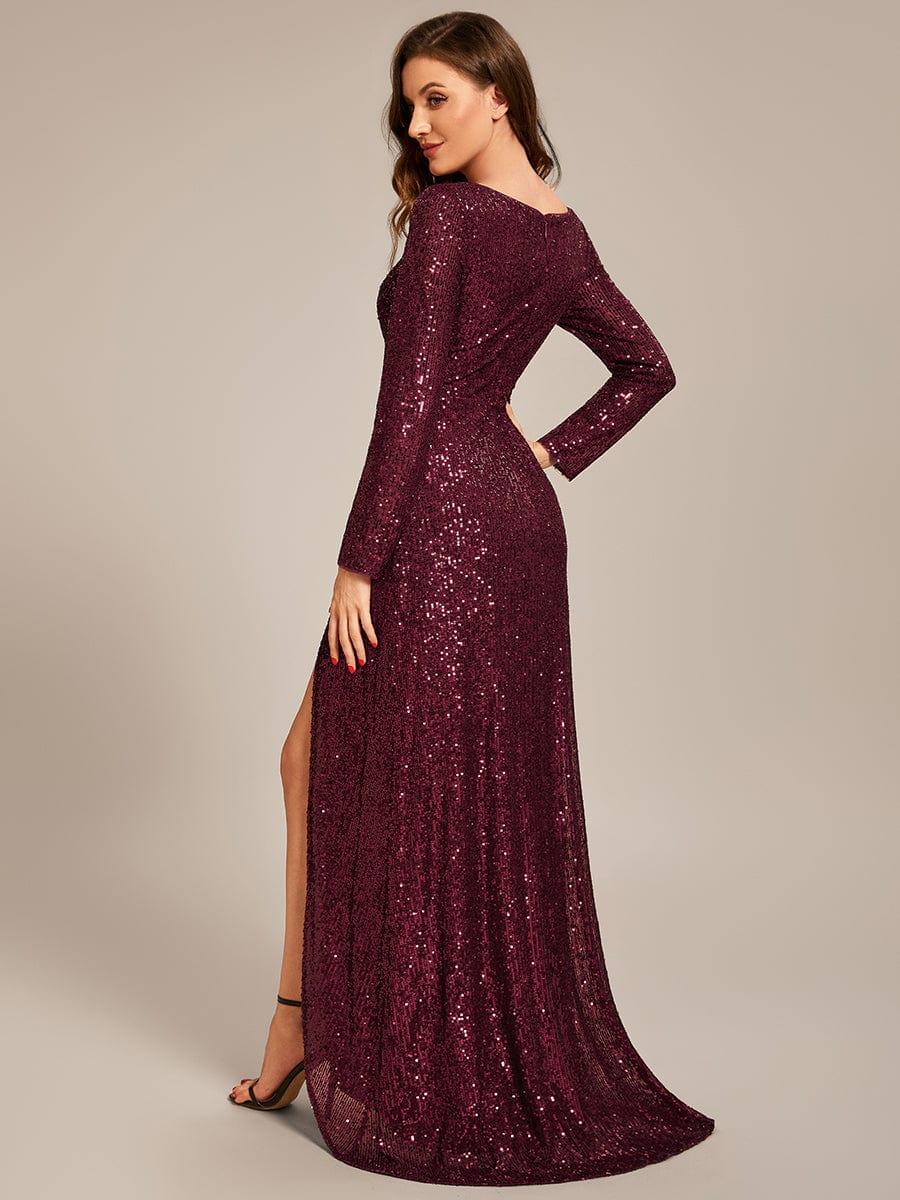 ever SYREN|Long Sleeve V-neck Asymmetrical Hem Sequin Evening Dress