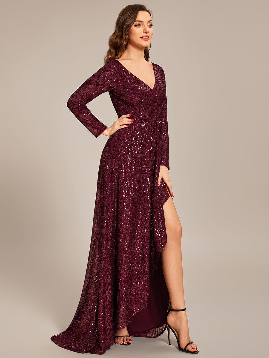 ever SYREN|Long Sleeve V-neck Asymmetrical Hem Sequin Evening Dress