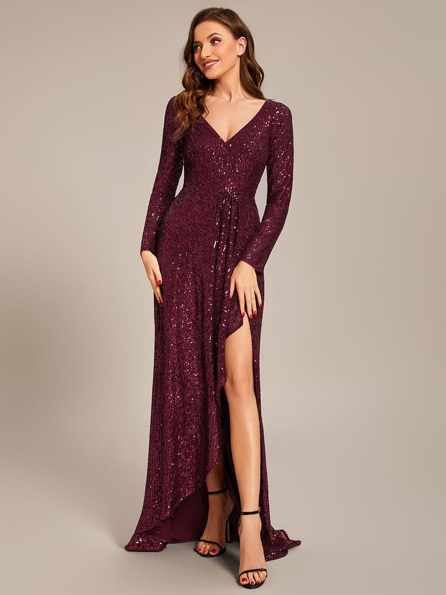 ever SYREN|Long Sleeve V-neck Asymmetrical Hem Sequin Evening Dress