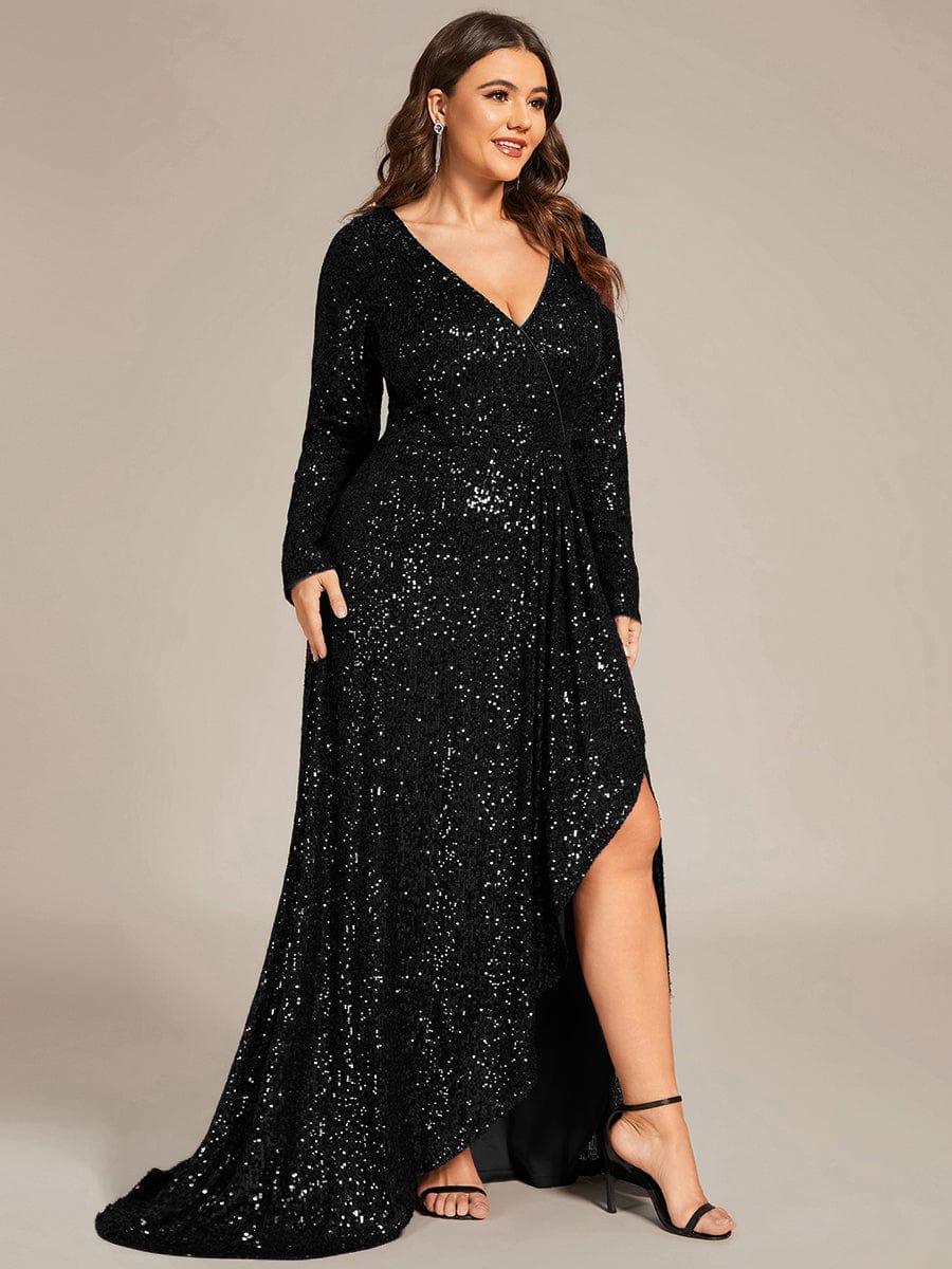 ever SYREN|Long Sleeve V-neck Asymmetrical Hem Sequin Evening Dress