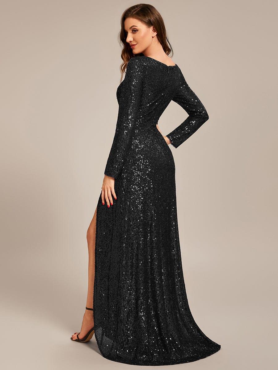ever SYREN|Long Sleeve V-neck Asymmetrical Hem Sequin Evening Dress