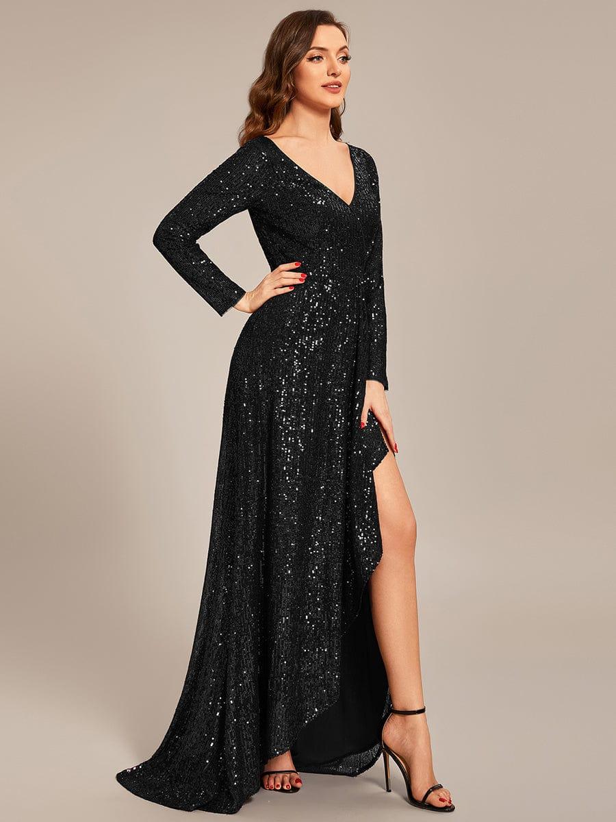 ever SYREN|Long Sleeve V-neck Asymmetrical Hem Sequin Evening Dress
