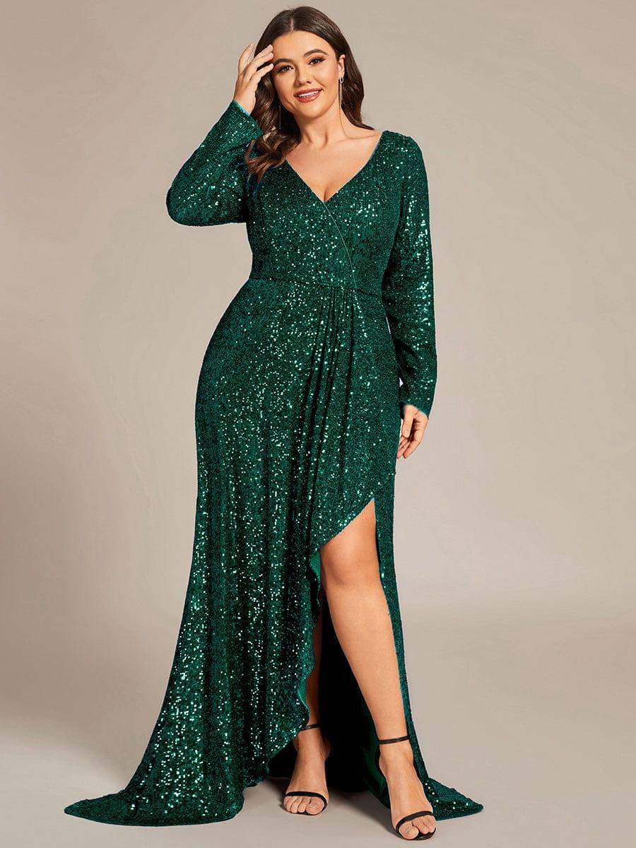 ever SYREN|Long Sleeve V-neck Asymmetrical Hem Sequin Evening Dress
