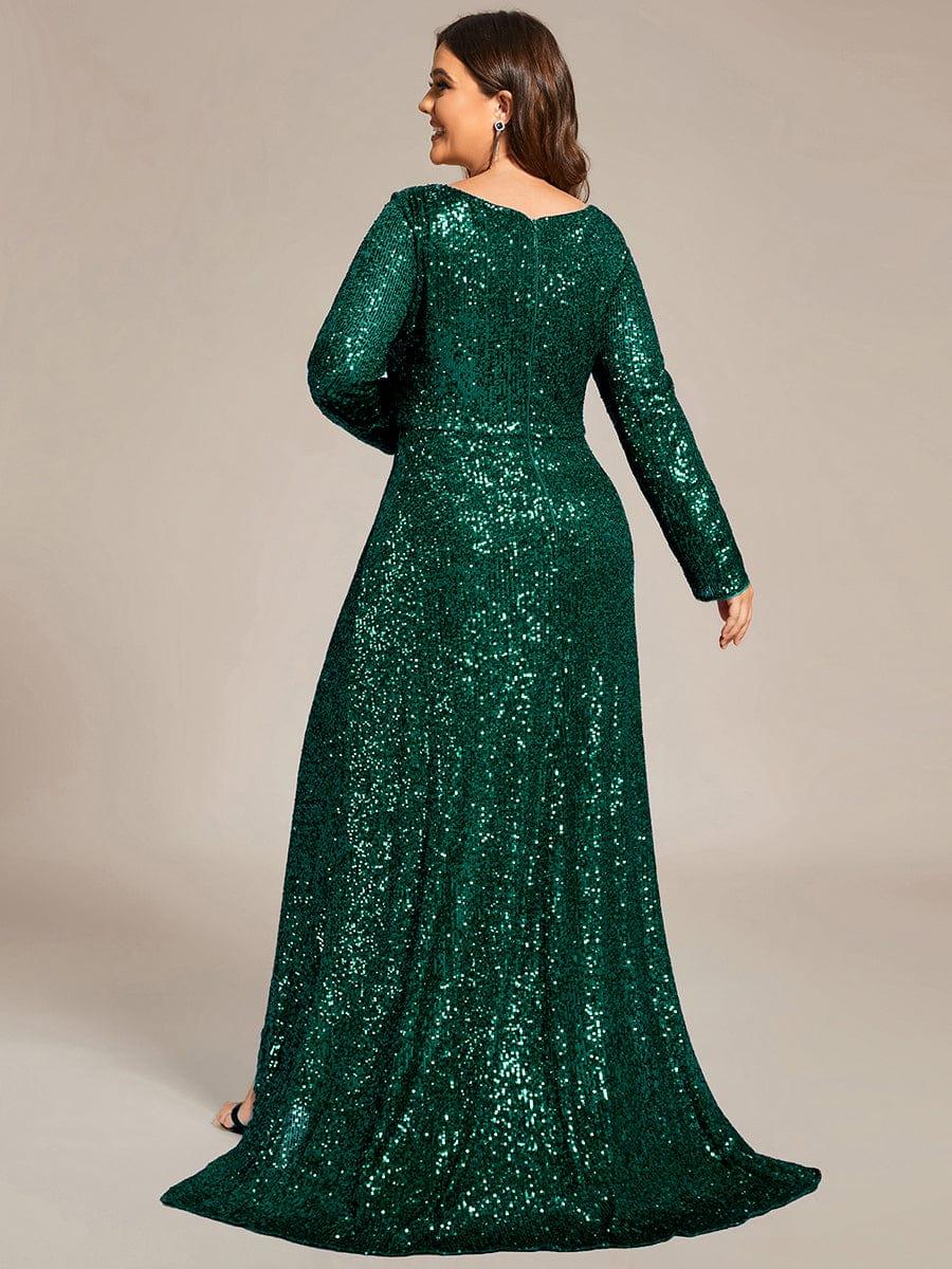 ever SYREN|Long Sleeve V-neck Asymmetrical Hem Sequin Evening Dress