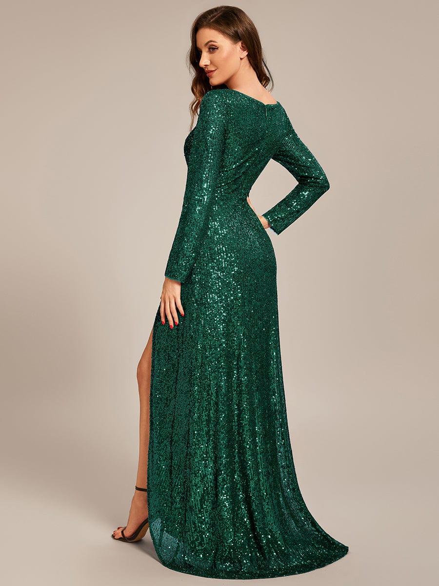 ever SYREN|Long Sleeve V-neck Asymmetrical Hem Sequin Evening Dress