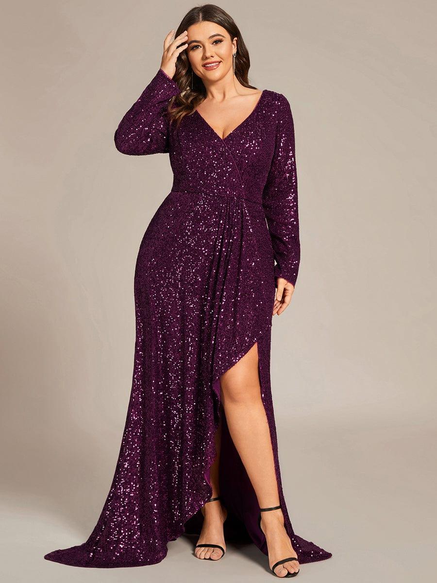 ever SYREN|Long Sleeve V-neck Asymmetrical Hem Sequin Evening Dress