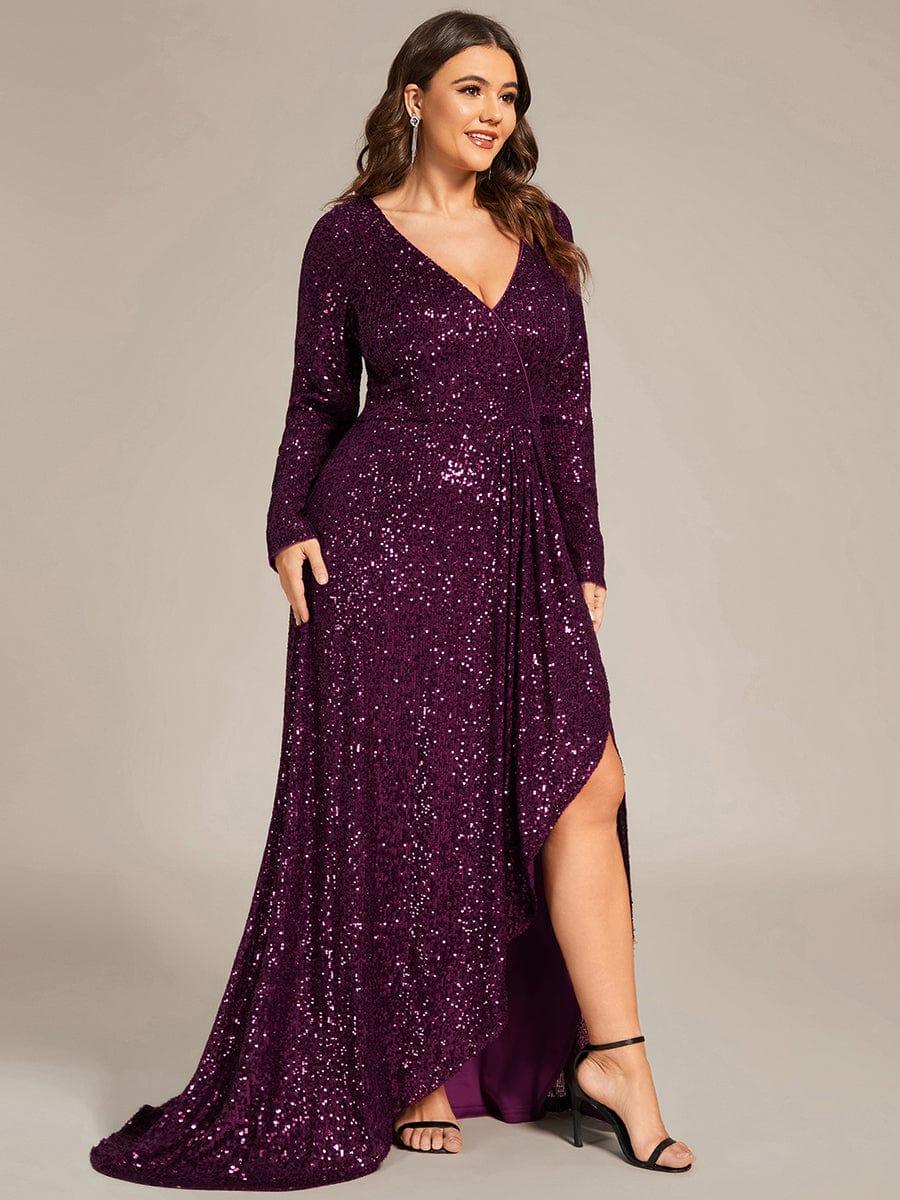 ever SYREN|Long Sleeve V-neck Asymmetrical Hem Sequin Evening Dress