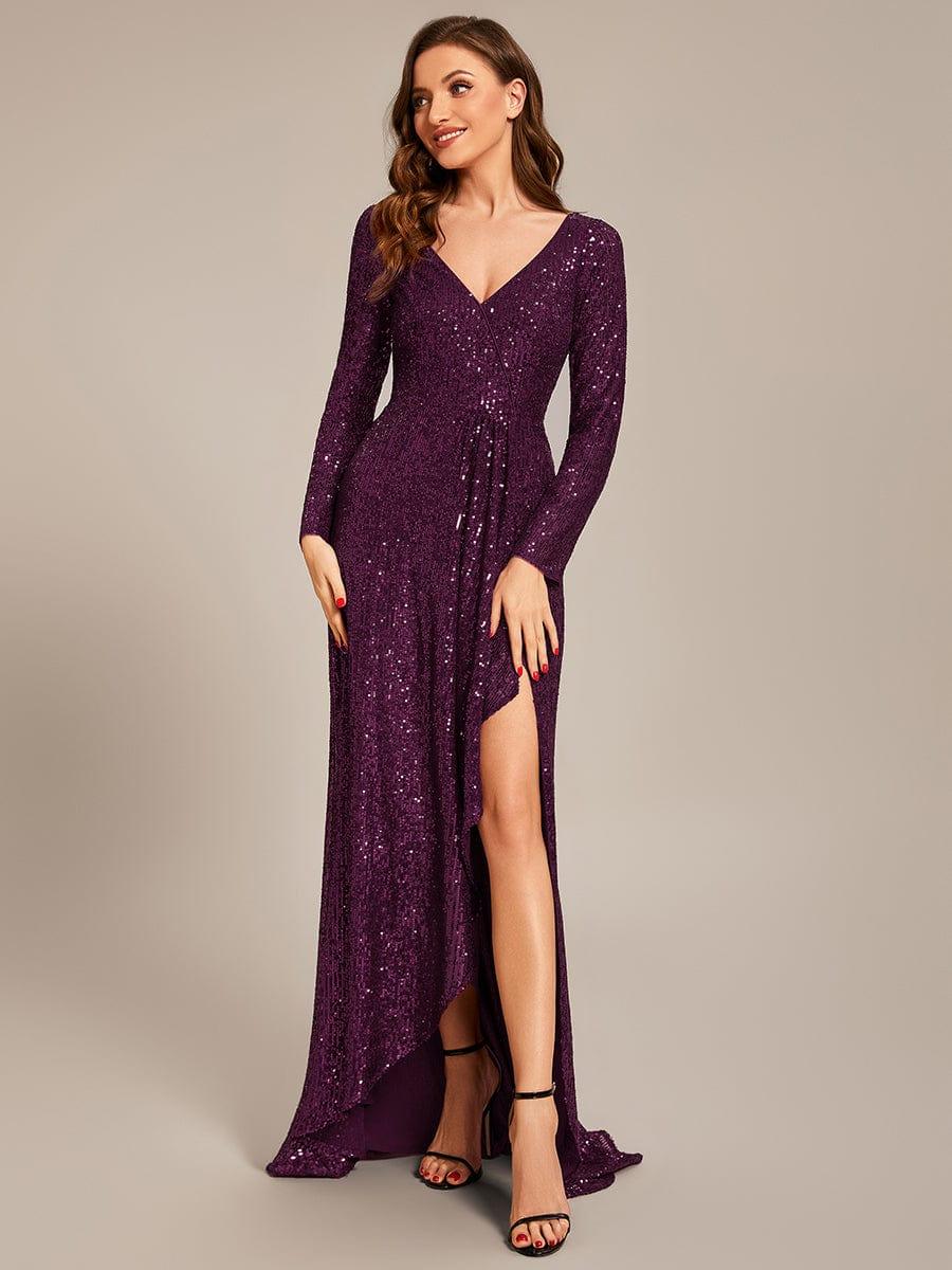 ever SYREN|Long Sleeve V-neck Asymmetrical Hem Sequin Evening Dress