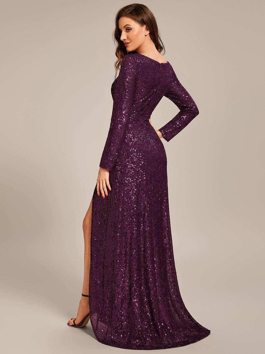 ever SYREN|Long Sleeve V-neck Asymmetrical Hem Sequin Evening Dress