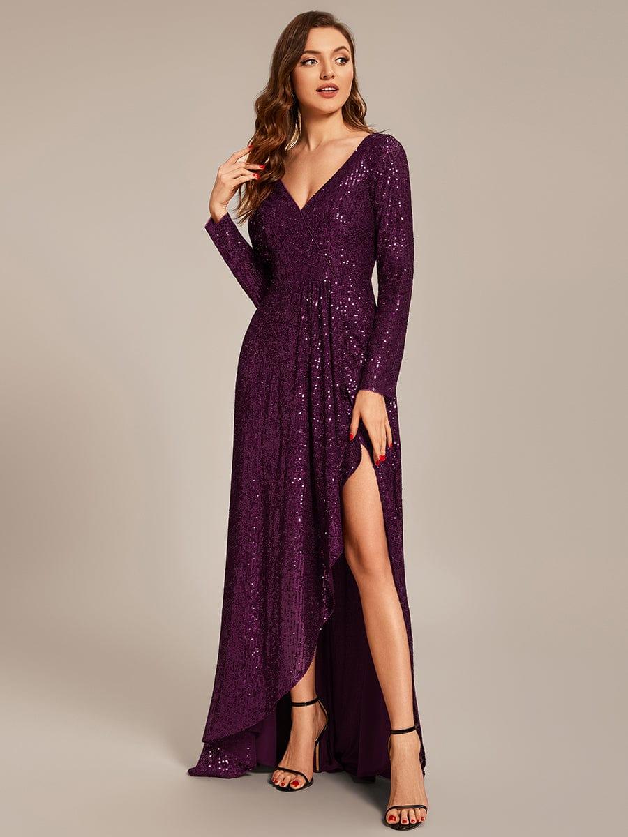 ever SYREN|Long Sleeve V-neck Asymmetrical Hem Sequin Evening Dress