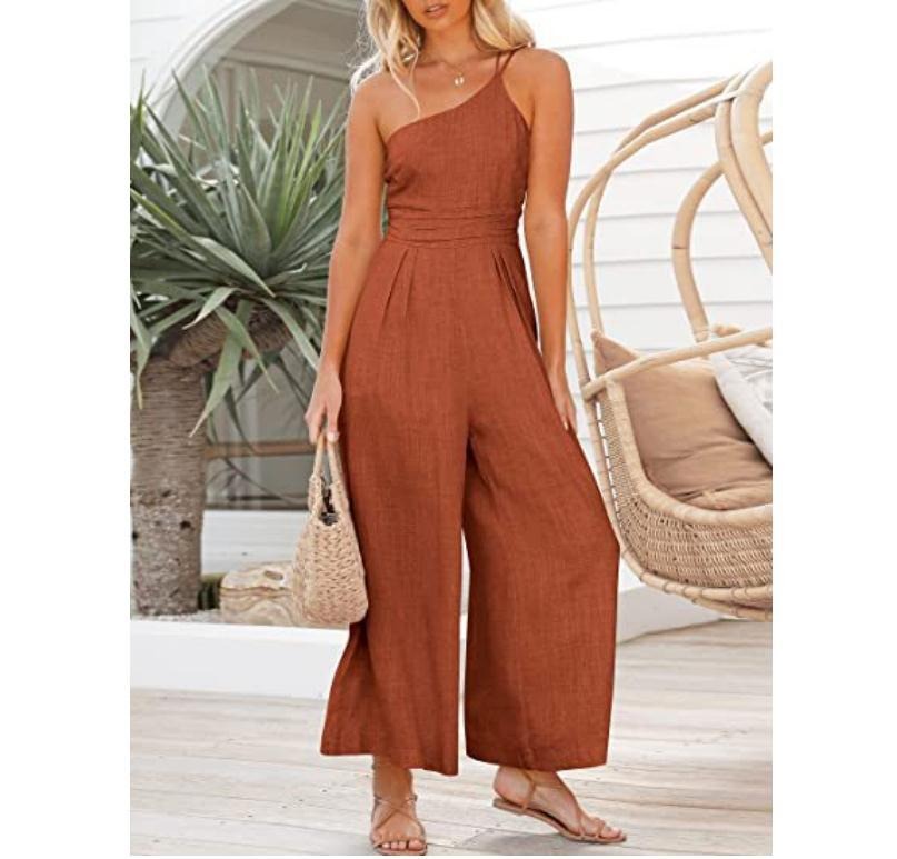 Women's Solid Colour Linen Jumpsuit Camisole Sleeveless One Shoulder Fitted Waist Wide Leg Trendy Outfit