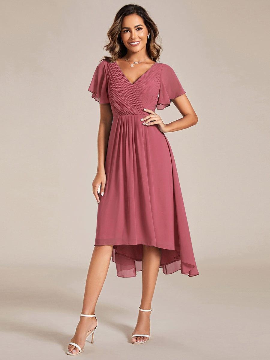 ever FAYE|Chic V Neck High-Low Short Sleeve Wedding Guest Dress