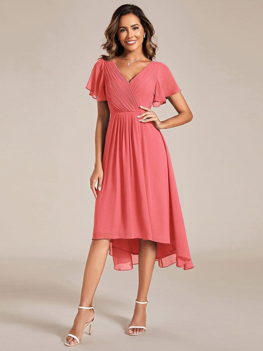 ever FAYE|Chic V Neck High-Low Short Sleeve Wedding Guest Dress