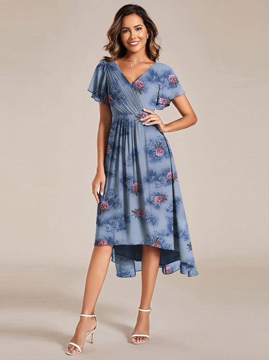ever FAYE|Floral V Neck High-Low Short Sleeve Wedding Guest Dress