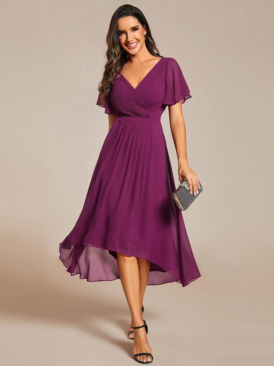 ever FAYE|Chic V Neck High-Low Short Sleeve Wedding Guest Dress
