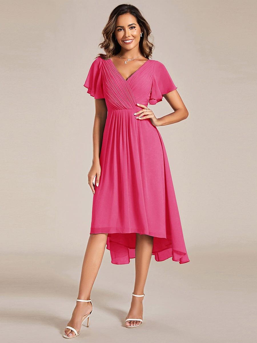 ever FAYE|Chic V Neck High-Low Short Sleeve Wedding Guest Dress