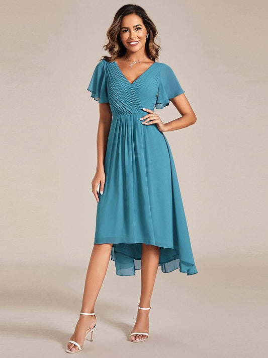 ever FAYE|Chic V Neck High-Low Short Sleeve Wedding Guest Dress