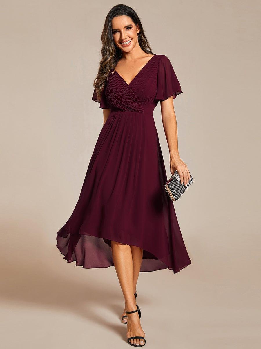 ever FAYE|Chic V Neck High-Low Short Sleeve Wedding Guest Dress