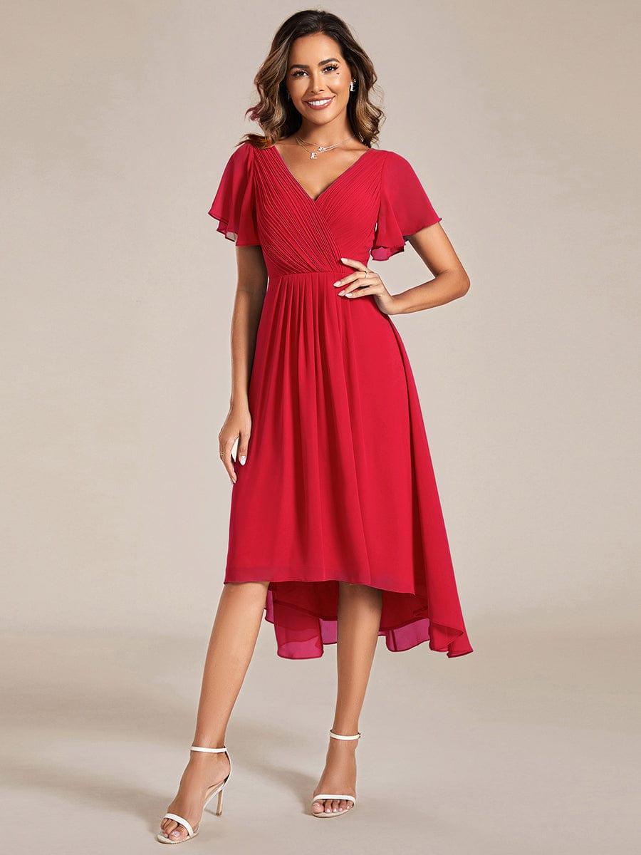 ever FAYE|Chic V Neck High-Low Short Sleeve Wedding Guest Dress