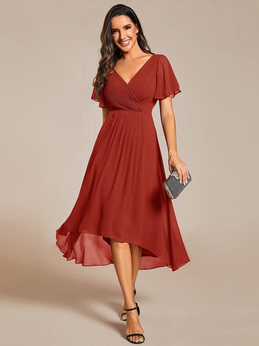 ever FAYE|Chic V Neck High-Low Short Sleeve Wedding Guest Dress