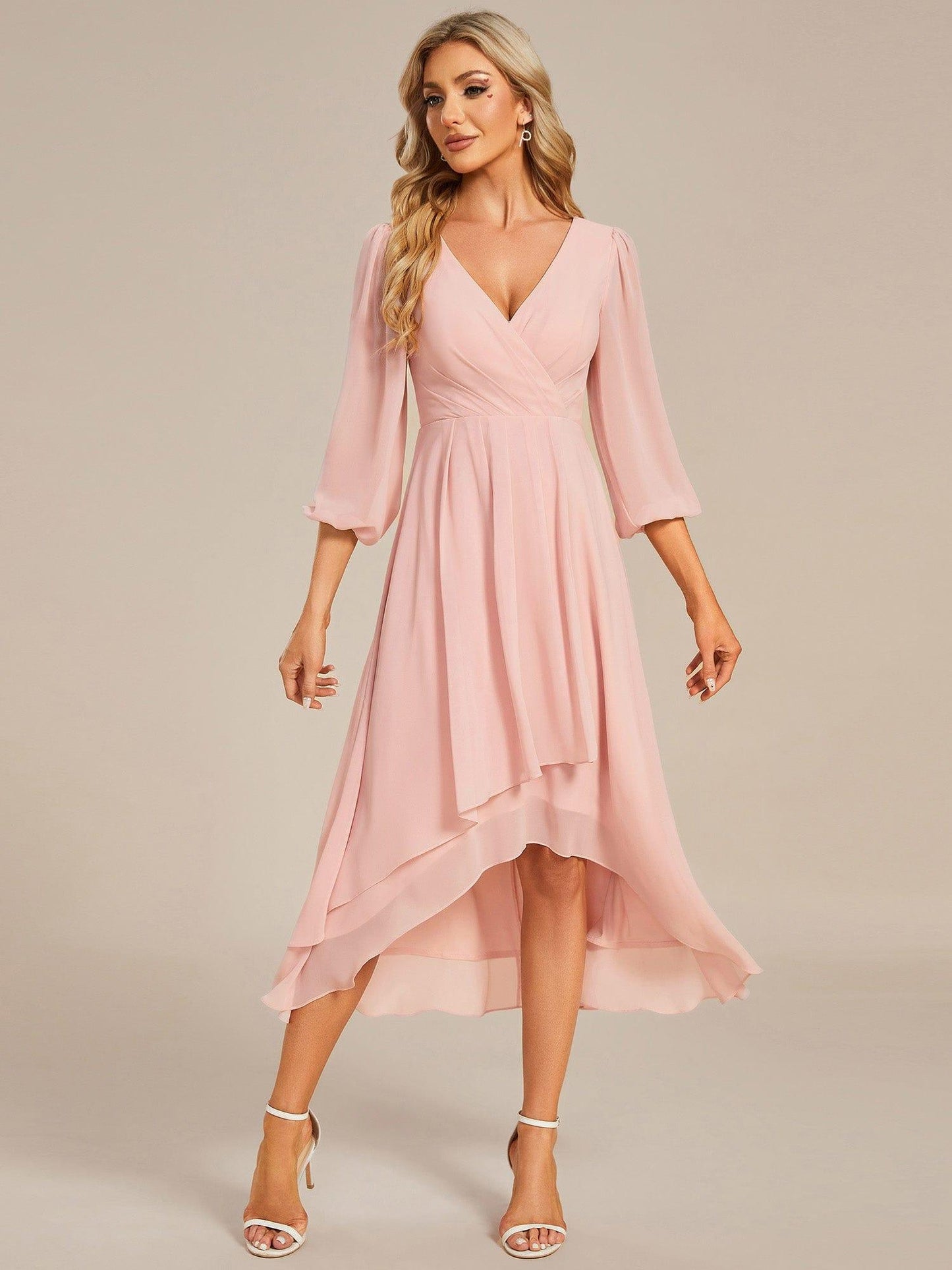 ever BRIAR|Elegant 3/4 Sleeve V-Neck High Low Chiffon Wedding Guest Dress