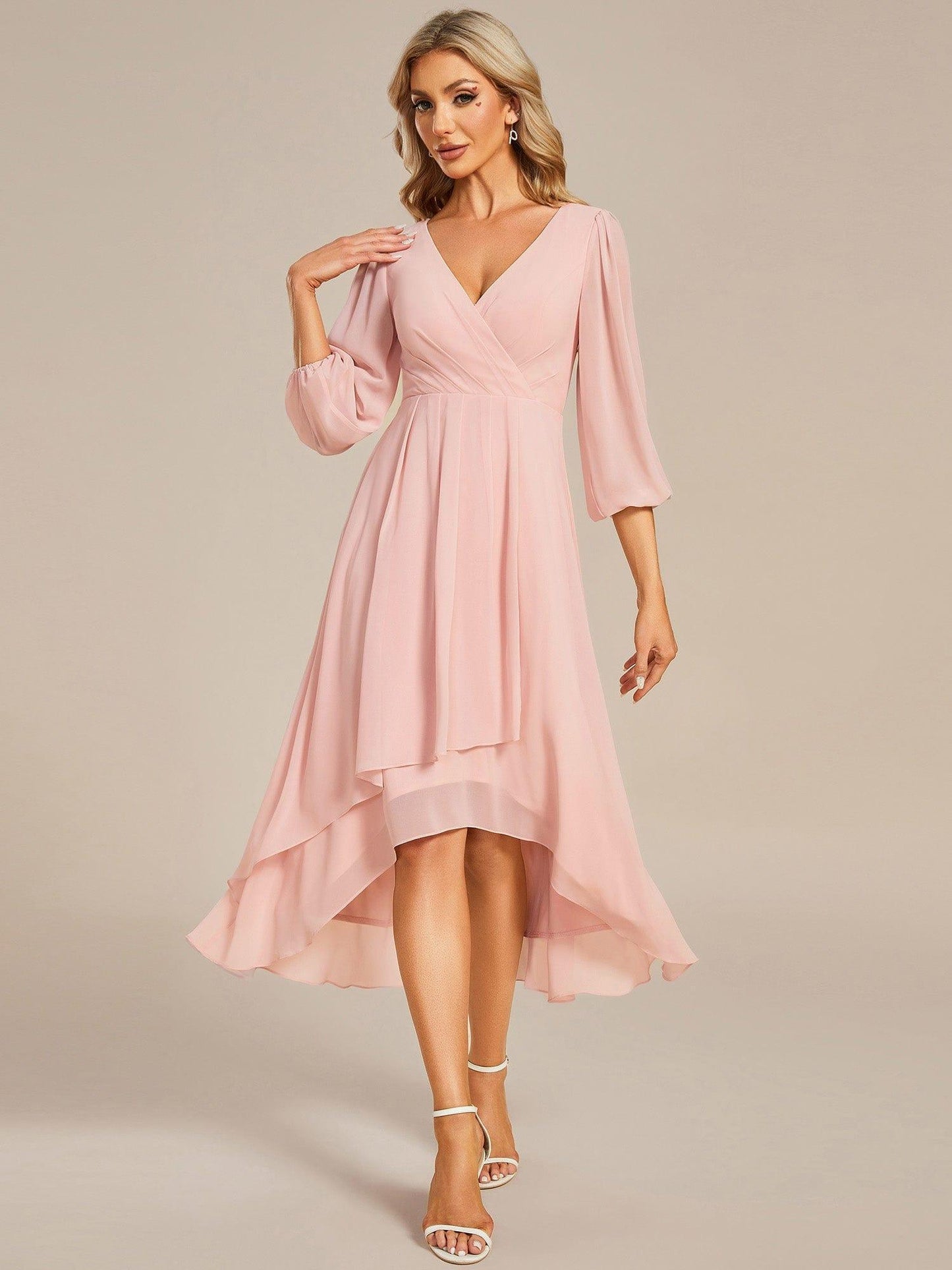 ever BRIAR|Elegant 3/4 Sleeve V-Neck High Low Chiffon Wedding Guest Dress