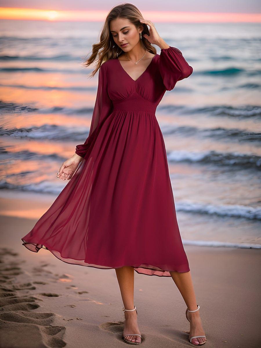 ever AMARA|Elegant V Neck Long Sleeves Midi Wedding Guest Dress(Final Sale)