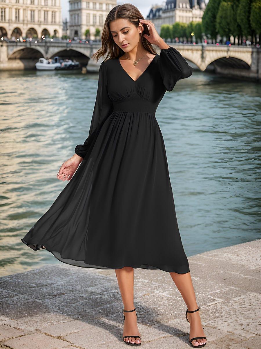 ever AMARA|Elegant V Neck Long Sleeves Midi Wedding Guest Dress(Final Sale)