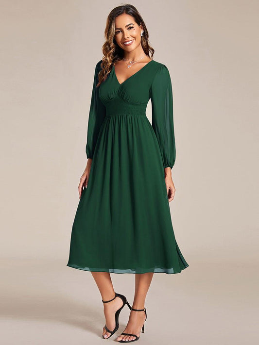 ever AMARA|Elegant V Neck Long Sleeves Midi Wedding Guest Dress(Final Sale)