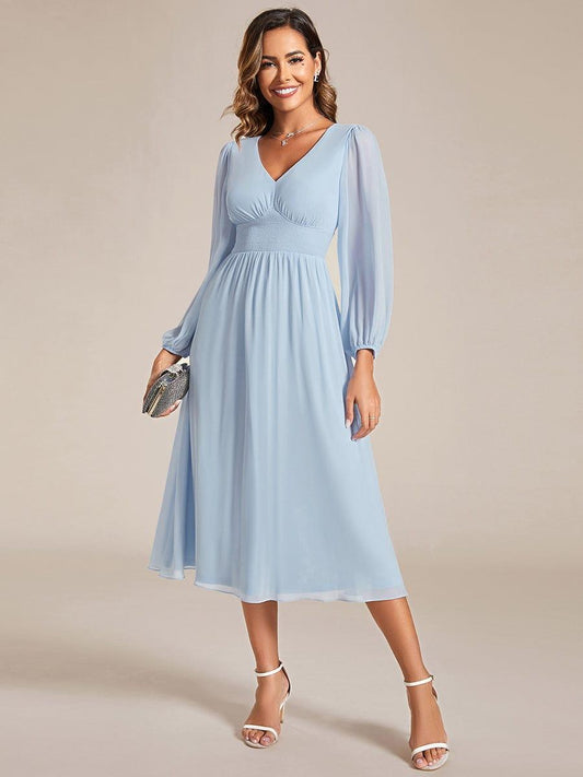 ever AMARA|Elegant V Neck Long Sleeves Midi Wedding Guest Dress(Final Sale)
