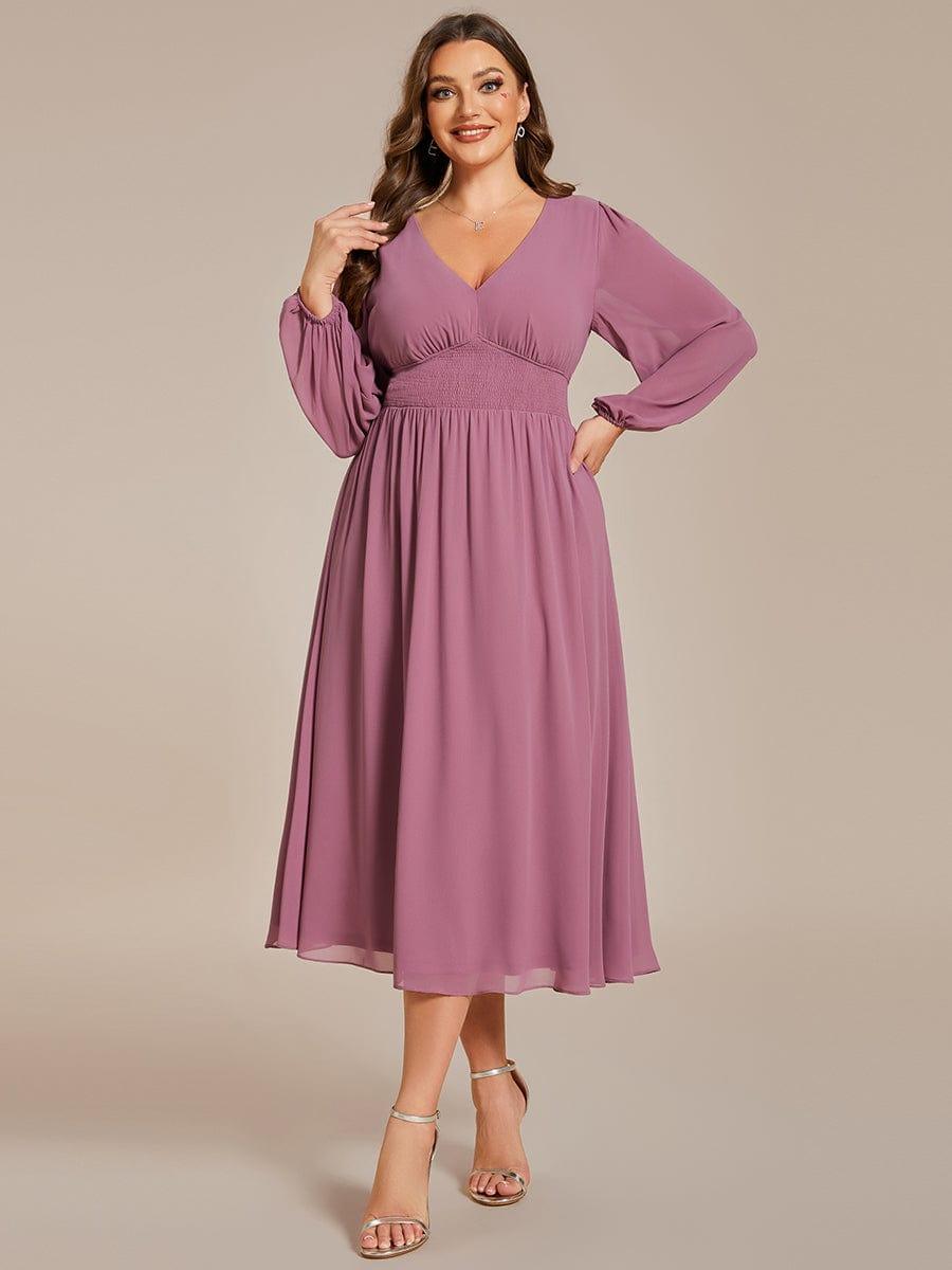 ever AMARA|Elegant V Neck Long Sleeves Midi Wedding Guest Dress(Final Sale)