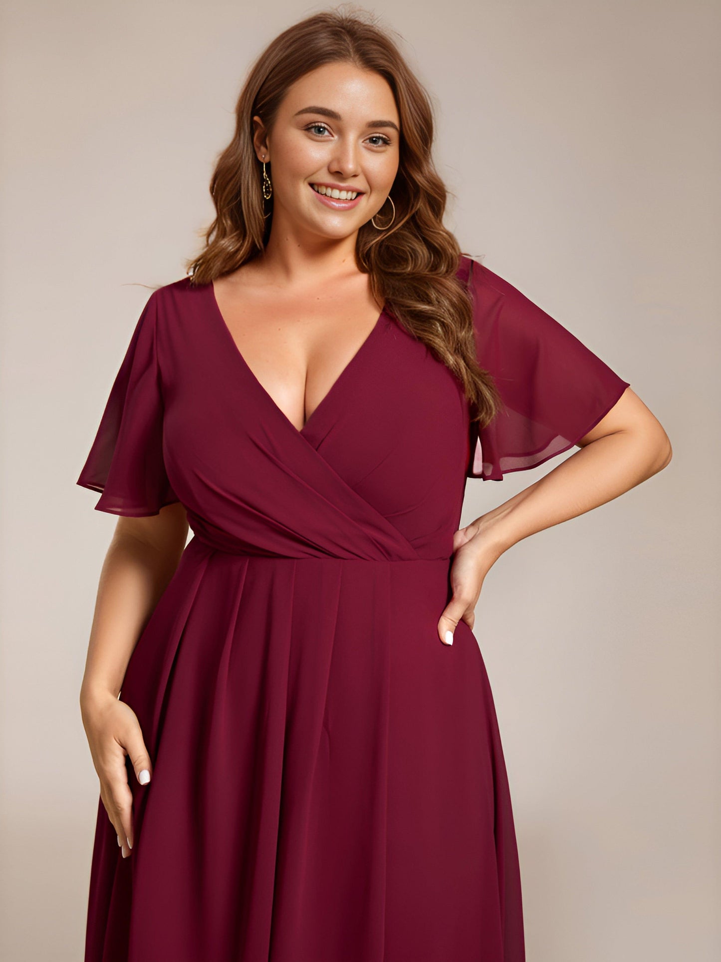 pretty LARK|Plus Size Chiffon Short Sleeve High-Low Wedding Guest Dress