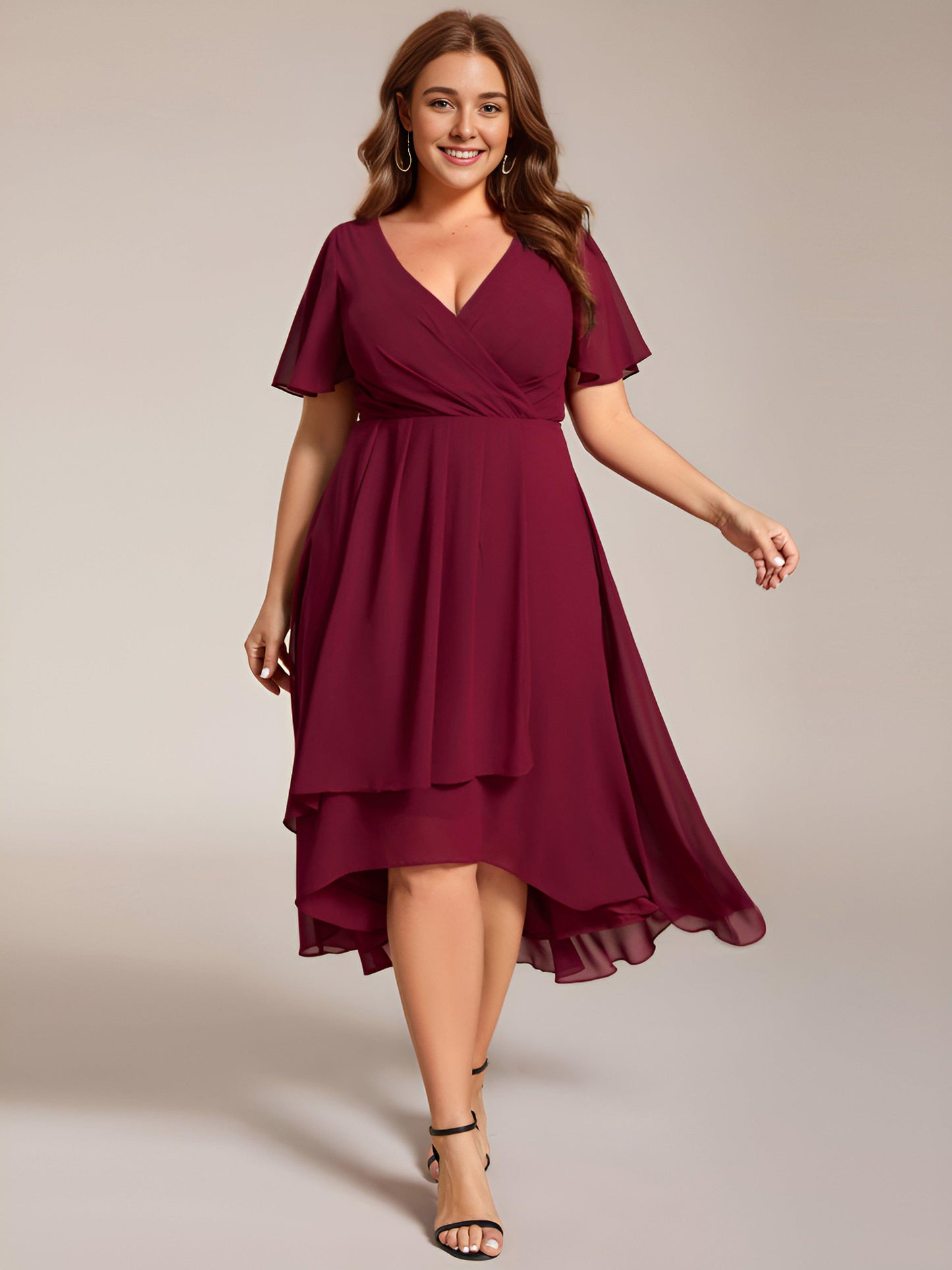 pretty LARK|Plus Size Chiffon Short Sleeve High-Low Wedding Guest Dress