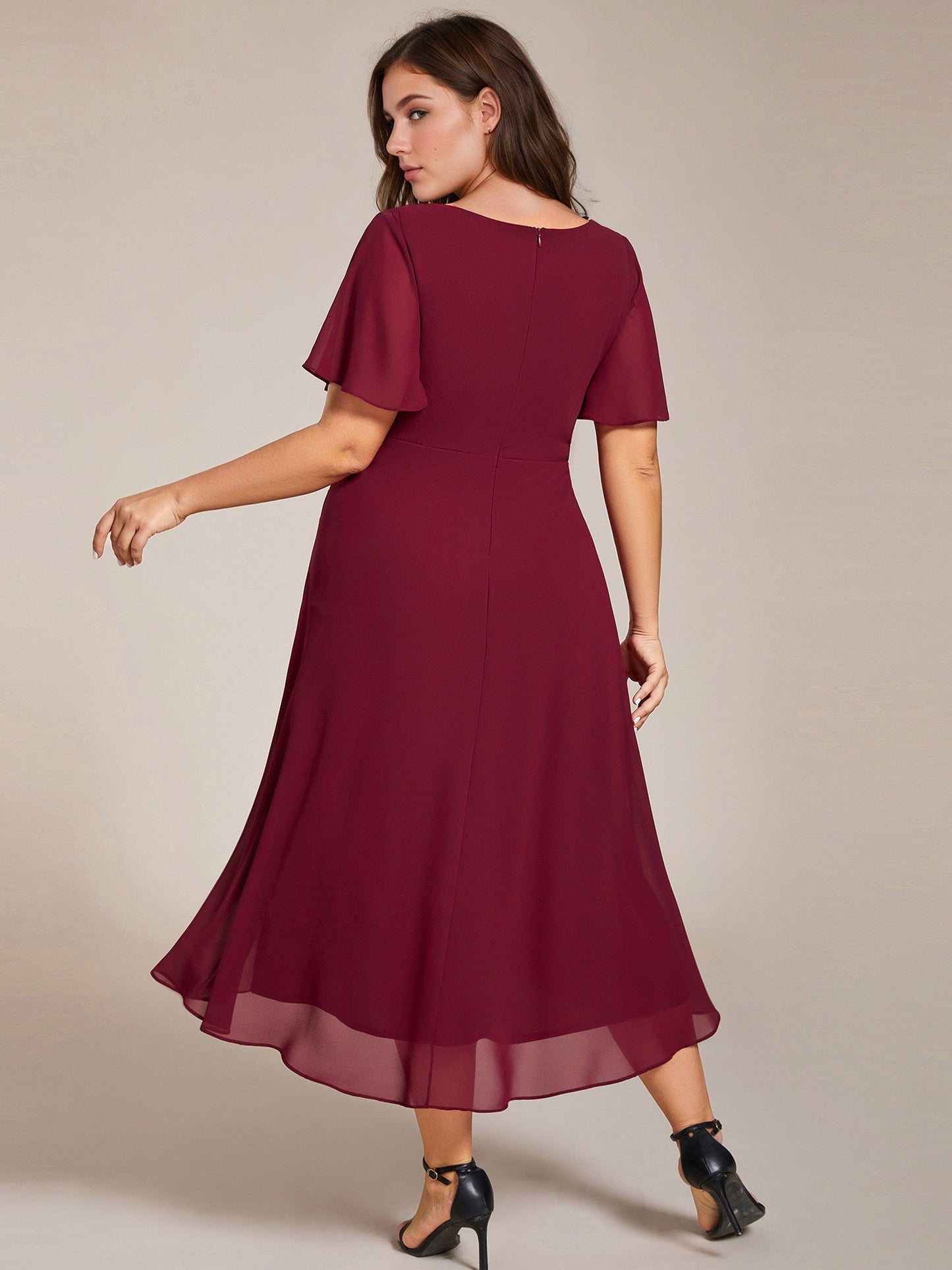 pretty LARK|Plus Size Chiffon Short Sleeve High-Low Wedding Guest Dress