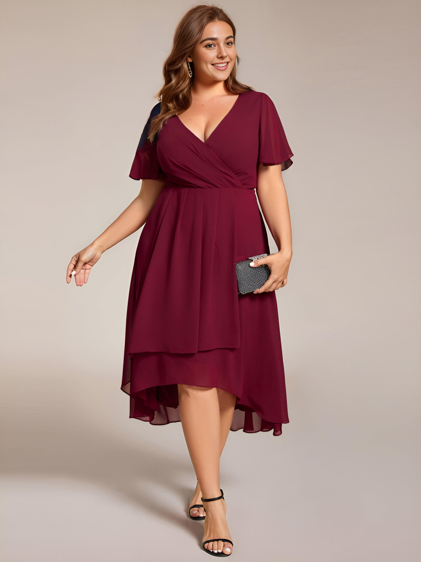 pretty LARK|Plus Size Chiffon Short Sleeve High-Low Wedding Guest Dress