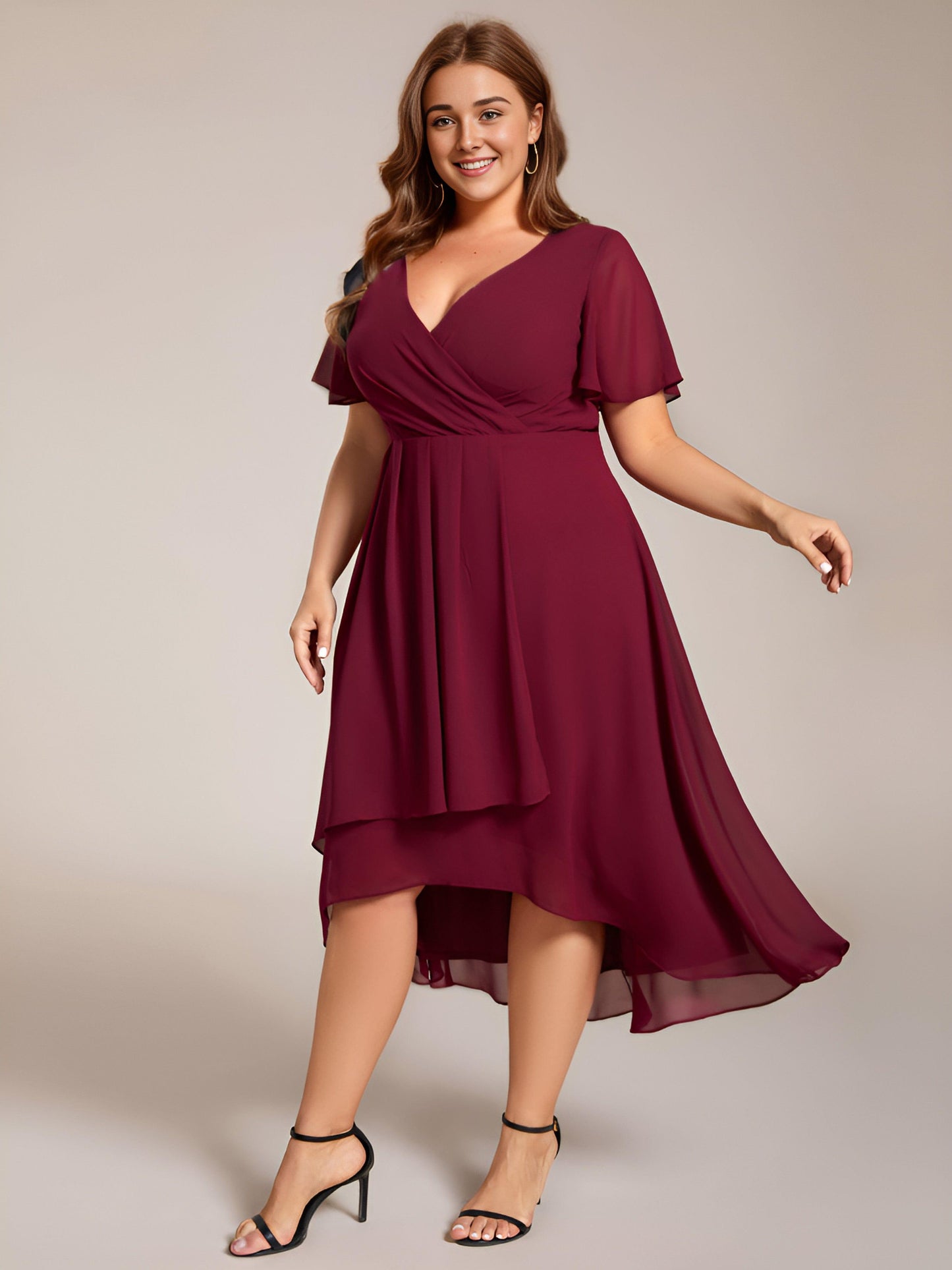 pretty LARK|Plus Size Chiffon Short Sleeve High-Low Wedding Guest Dress