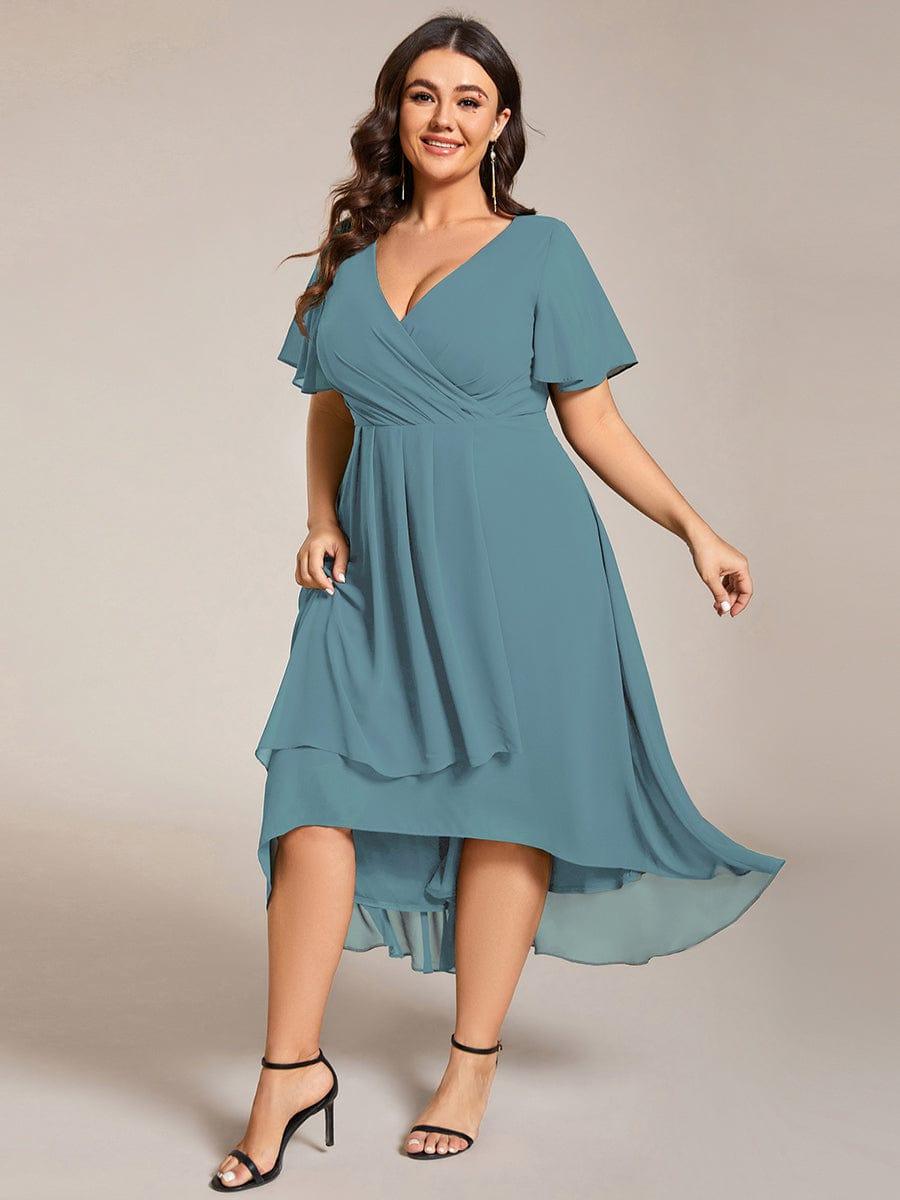 pretty LARK|Plus Size Chiffon Short Sleeve High-Low Wedding Guest Dress