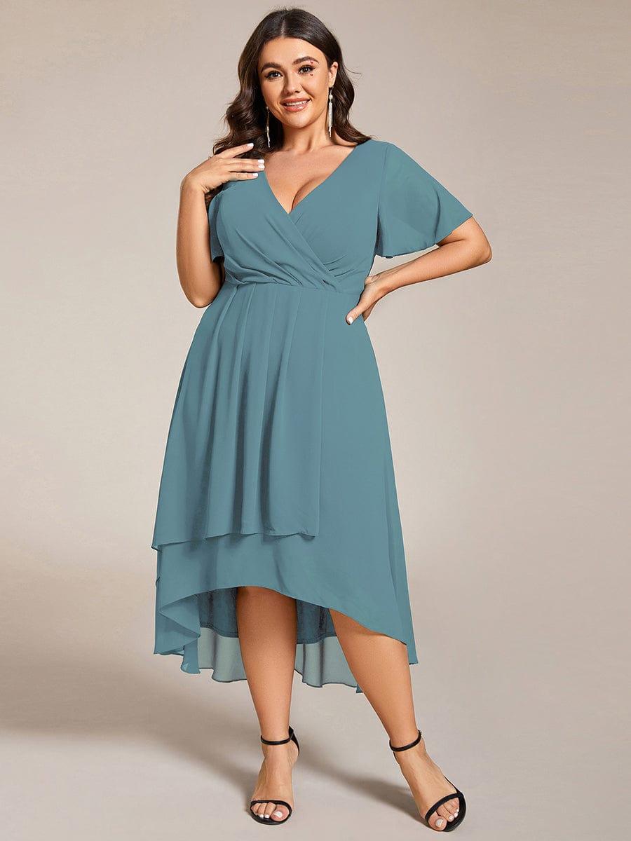pretty LARK|Plus Size Chiffon Short Sleeve High-Low Wedding Guest Dress