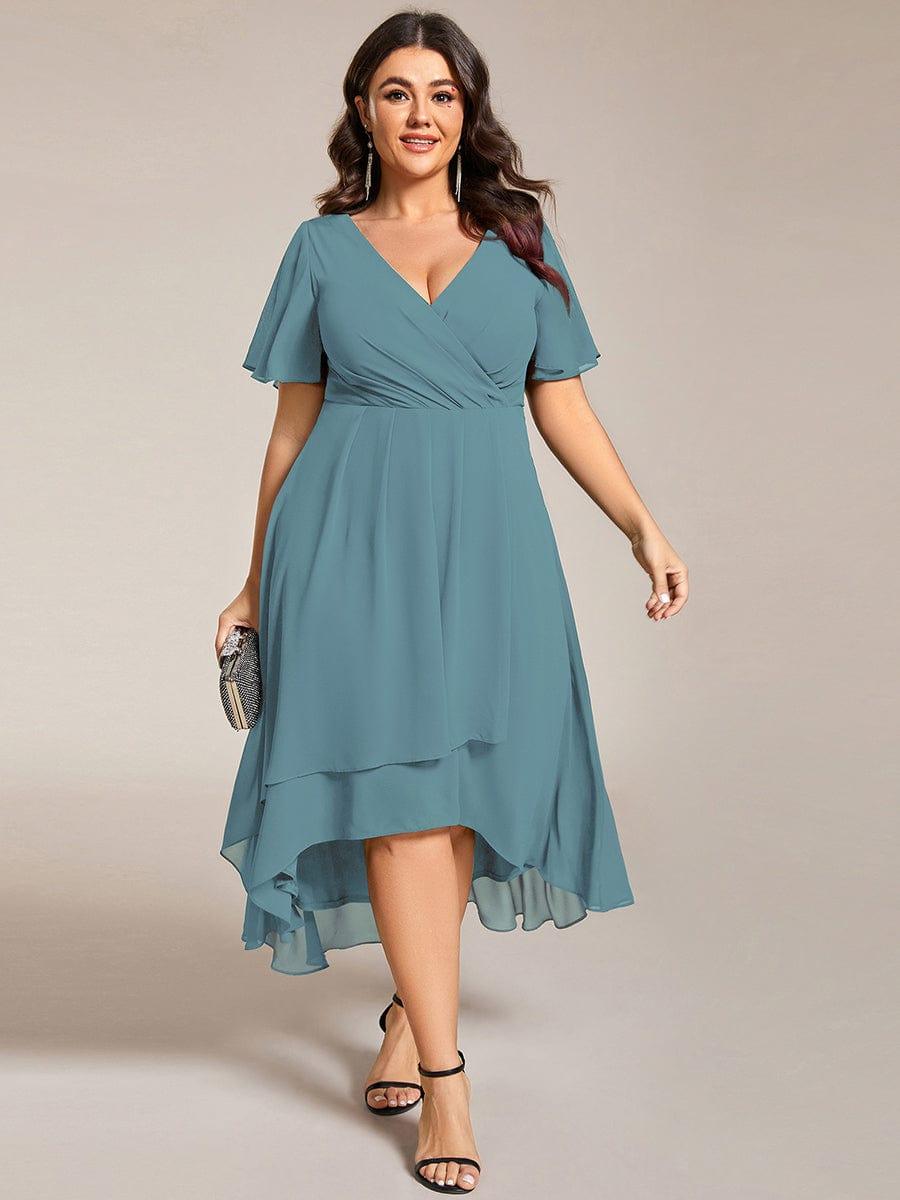 pretty LARK|Plus Size Chiffon Short Sleeve High-Low Wedding Guest Dress