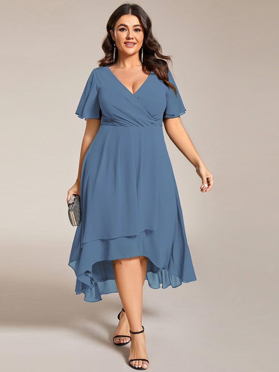 pretty LARK|Plus Size Chiffon Short Sleeve High-Low Wedding Guest Dress