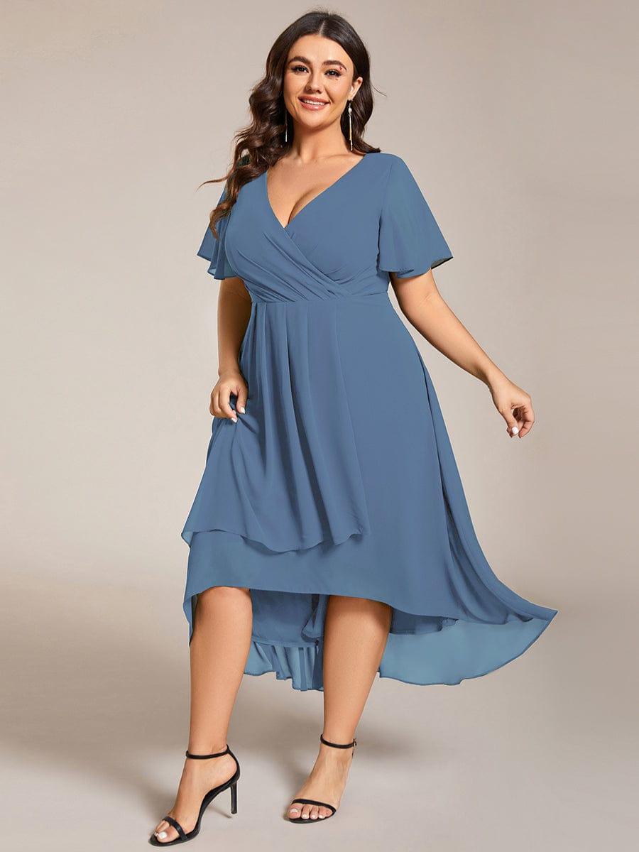 pretty LARK|Plus Size Chiffon Short Sleeve High-Low Wedding Guest Dress