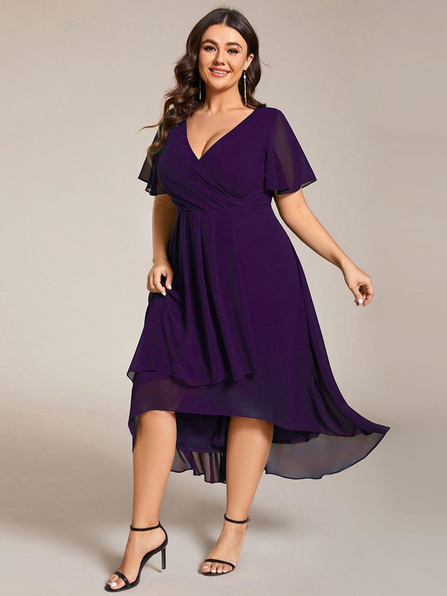 pretty LARK|Plus Size Chiffon Short Sleeve High-Low Wedding Guest Dress