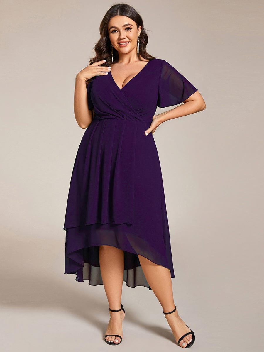 pretty LARK|Plus Size Chiffon Short Sleeve High-Low Wedding Guest Dress