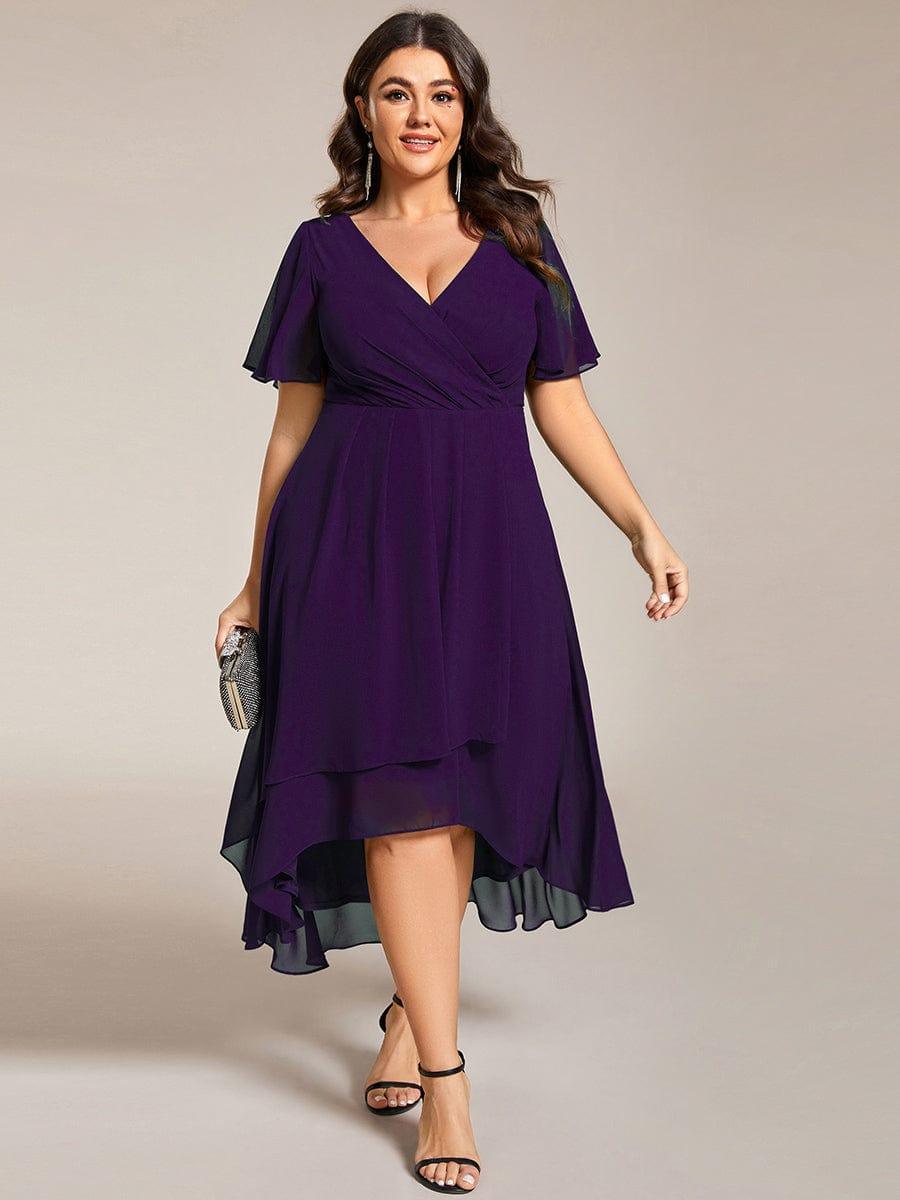 pretty LARK|Plus Size Chiffon Short Sleeve High-Low Wedding Guest Dress