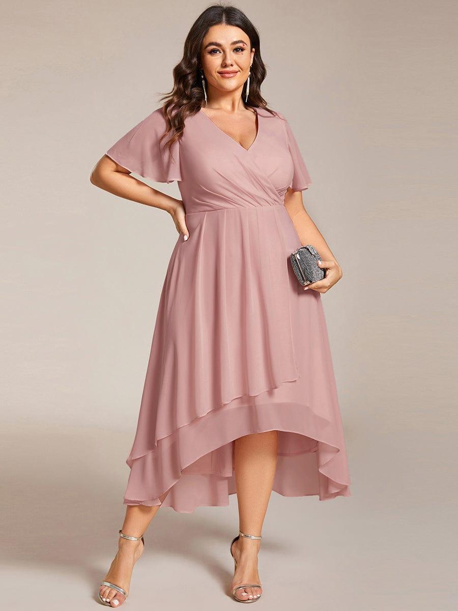 pretty LARK|Plus Size Chiffon Short Sleeve High-Low Wedding Guest Dress
