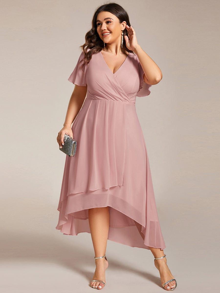 pretty LARK|Plus Size Chiffon Short Sleeve High-Low Wedding Guest Dress