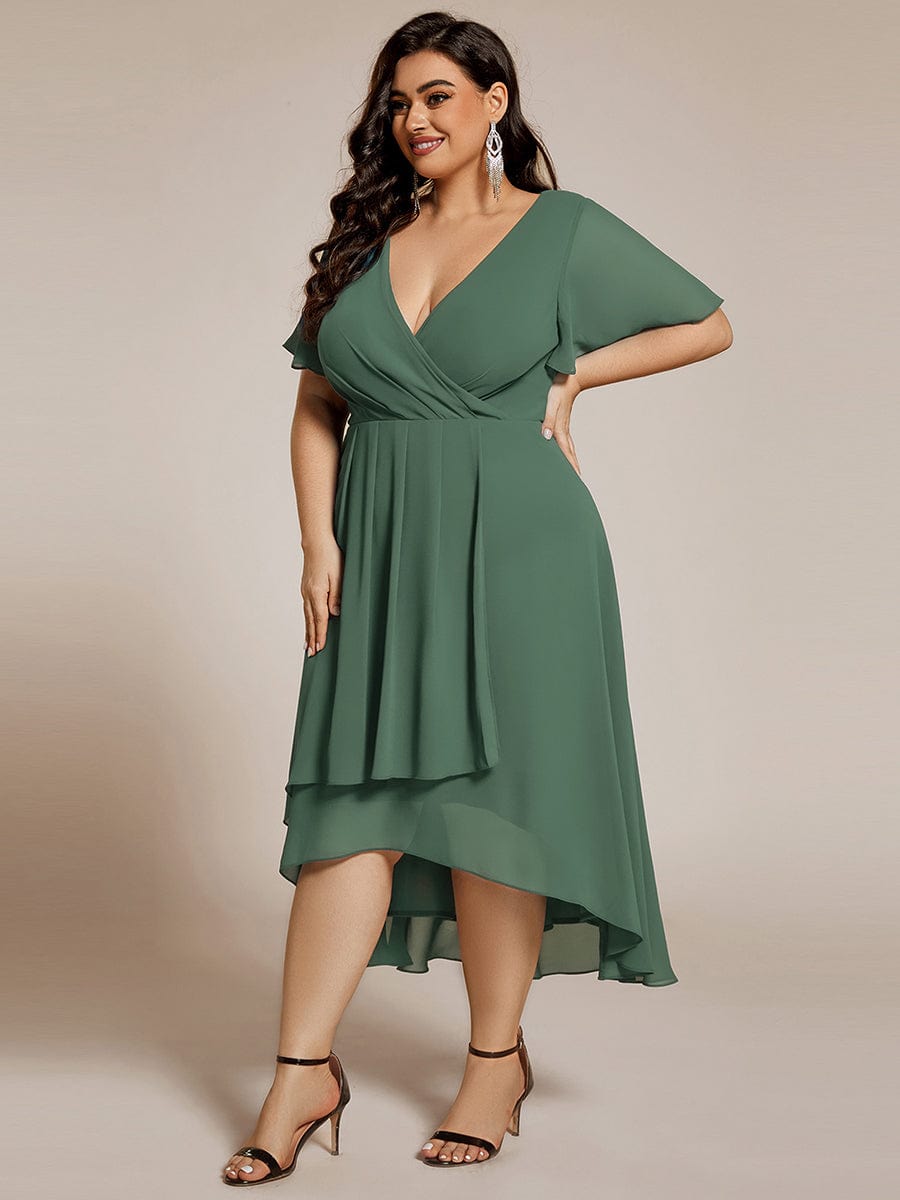 pretty LARK|Plus Size Chiffon Short Sleeve High-Low Wedding Guest Dress
