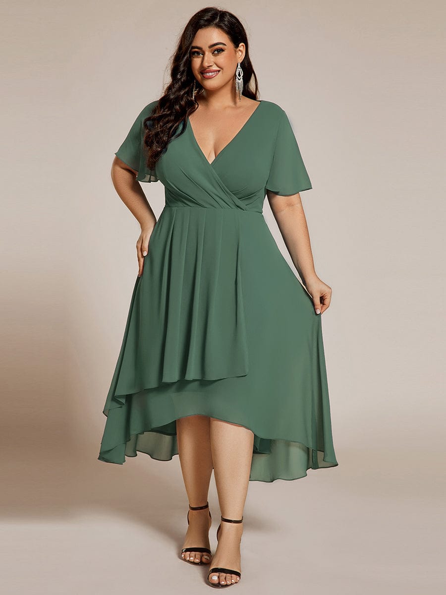 pretty LARK|Plus Size Chiffon Short Sleeve High-Low Wedding Guest Dress