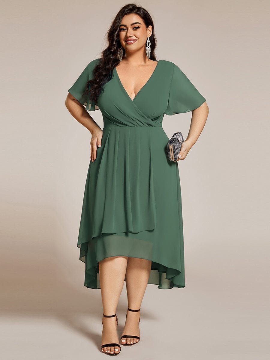 pretty LARK|Plus Size Chiffon Short Sleeve High-Low Wedding Guest Dress